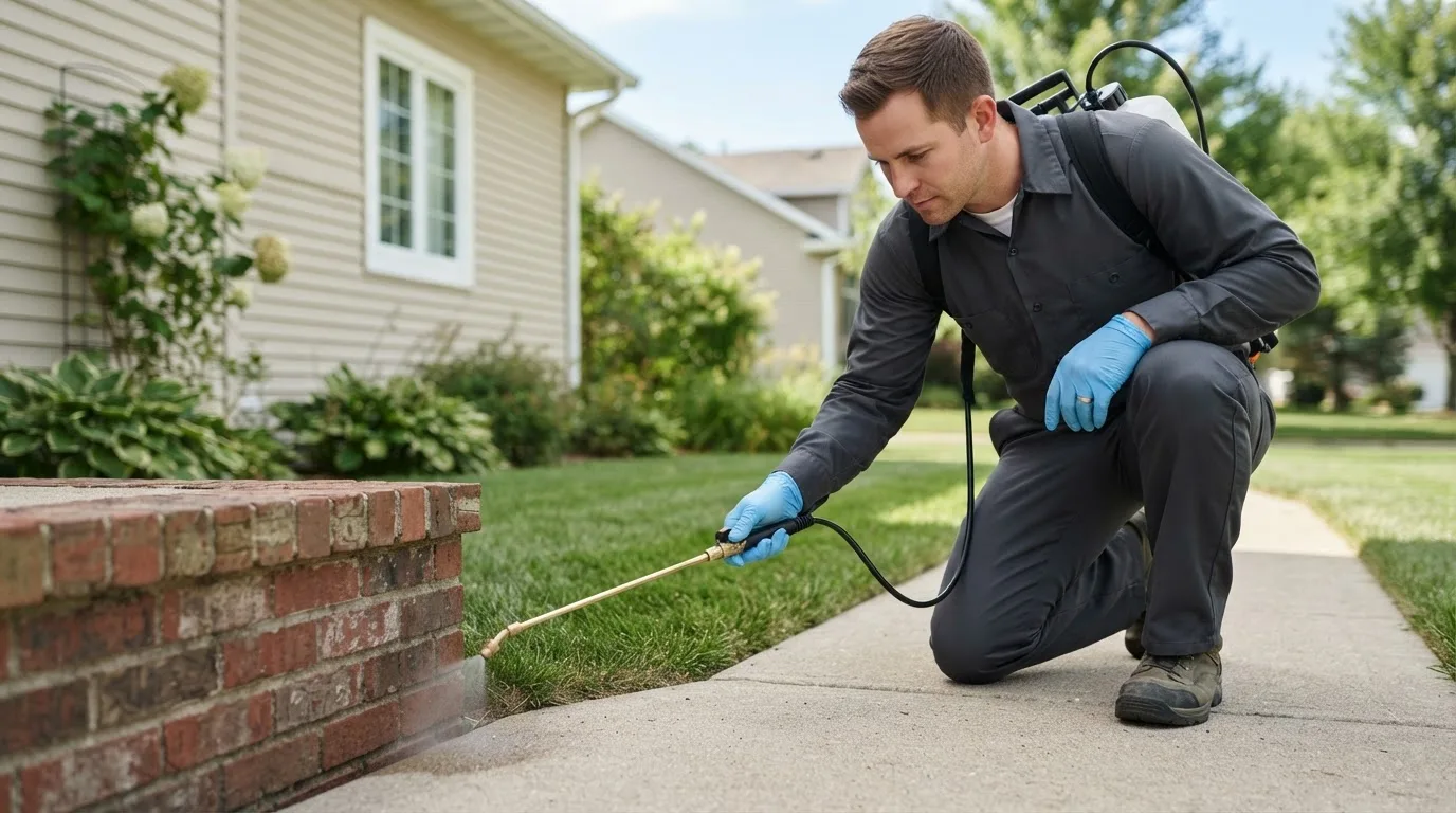 Pest control technician treating a home near Perkinsville, NY