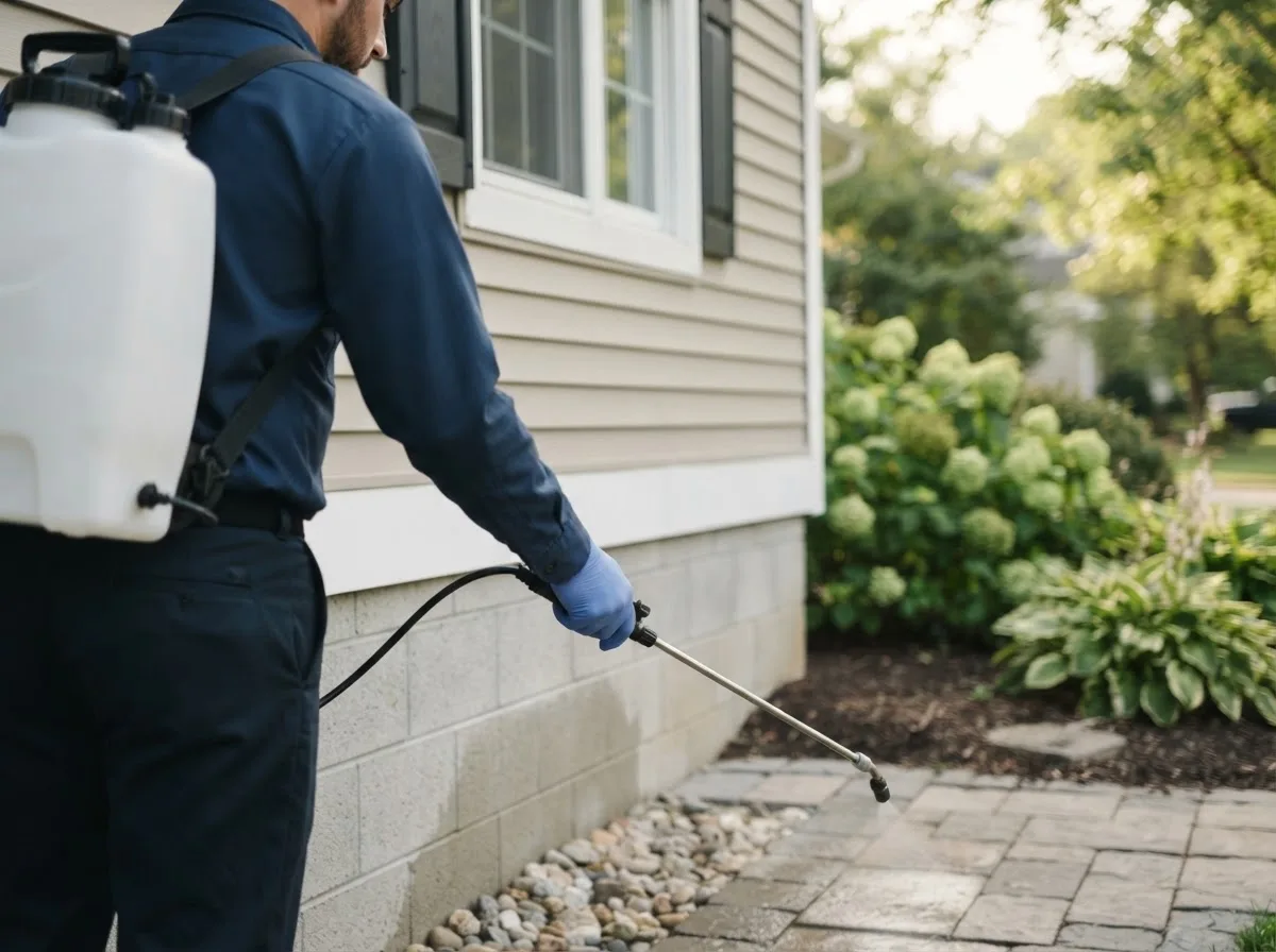 Pest control technician inspecting a home in Perkinsville, NY